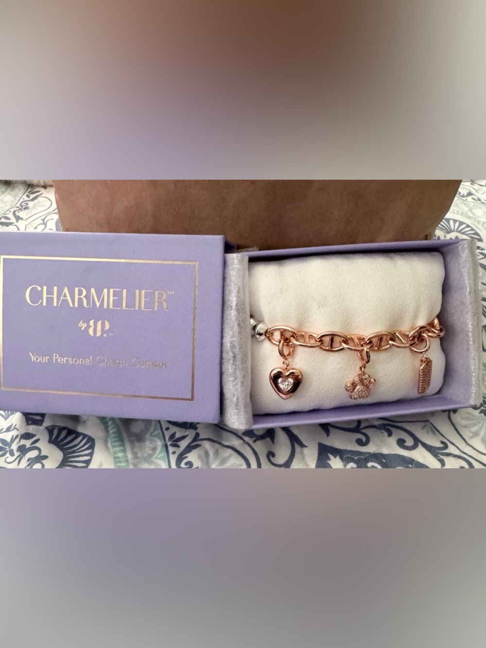 Charmelier Rose Gold Charm Chain Bracelet with Heart and Dangle Accents